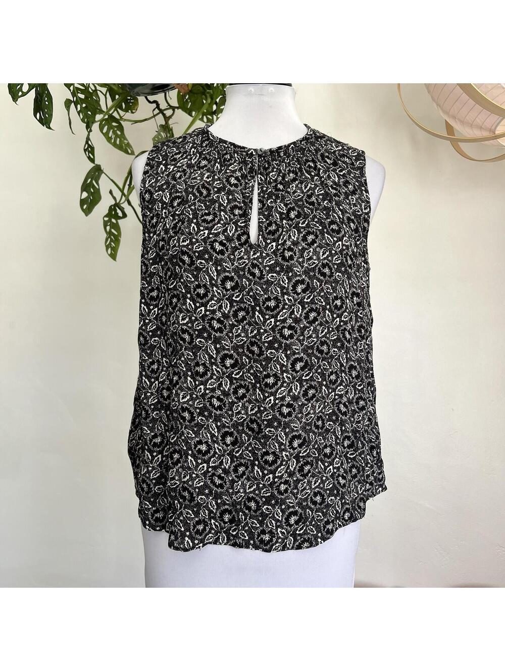 Rebecca Taylor Black White Floral Silk Sleeveless Blouse Top Keyhole Small sz 6